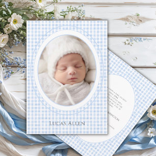 Faire-part de naissance vintage à carreaux bleus