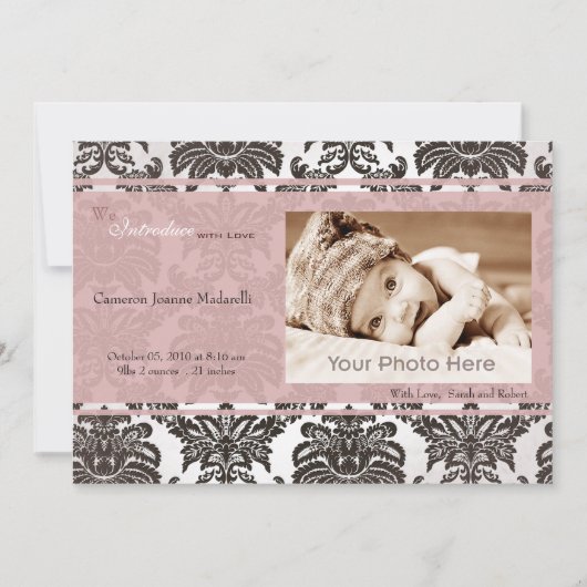 Faire-part de naissance vintage rose noir classiqu (Devant)