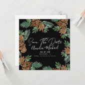 Faire-part de Noël à l'aquarelle Cônes de pin Noir (Devant/Arrière en situation)