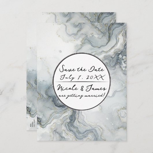 Faire-part de plage à l'aquarelle Bleu Gris & Or B (Devant / Derrière)