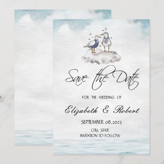 Faire-part de plage aux mouettes à l'aquarelle (Devant / Derrière)