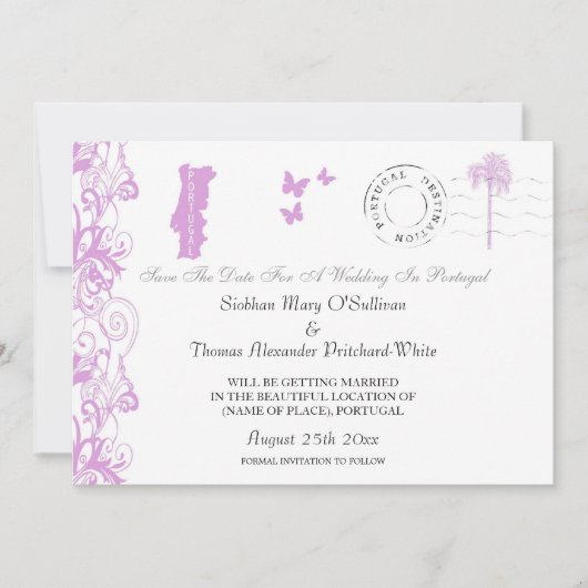 Faire-part de Portugal en couleur prune et blanc (Devant)