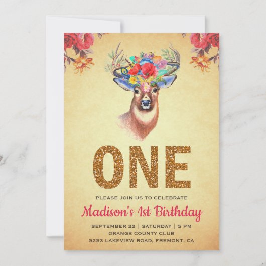 Faire-part de premier anniversaire Bohème Fleur Ru (Devant)