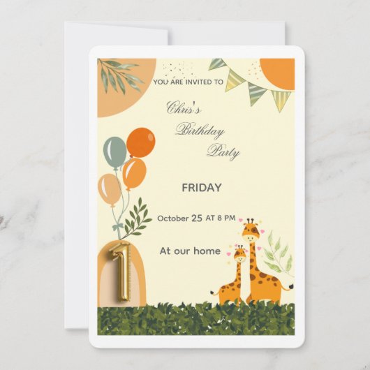 Faire-part de premier anniversaire de girafe Boho (Devant)