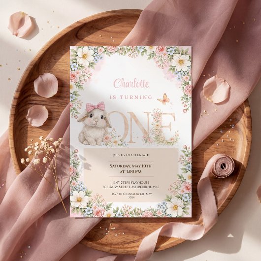 Faire-part de premier anniversaire lapin floral