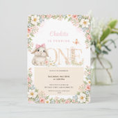 Faire-part de premier anniversaire lapin floral (Debout devant)