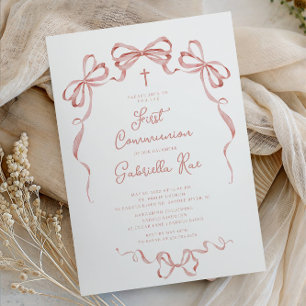 Faire-part de première communion à ruban rose