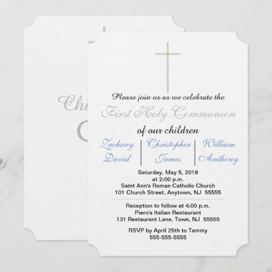 Faire-part de Première Communion Bleue pour Triplé (Devant / Derrière)