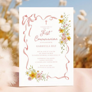 Faire-part de première communion floral rose
