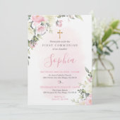 Faire-part de première communion rose pour fille (Debout devant)