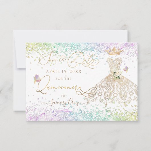 Faire-part de Quinceanera tenue or blanc (Devant)