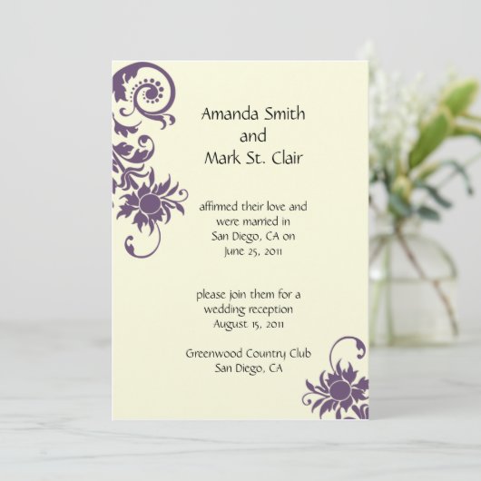 Faire-part de réception de mariage violet et ivoir (Debout devant)