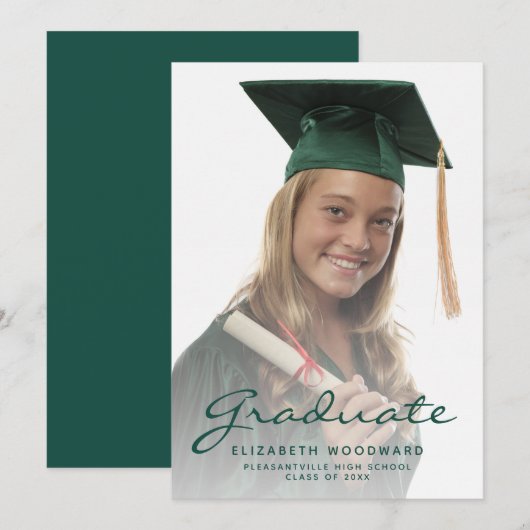 Faire-part de remise de diplôme avec écriture vert (Devant / Derrière)
