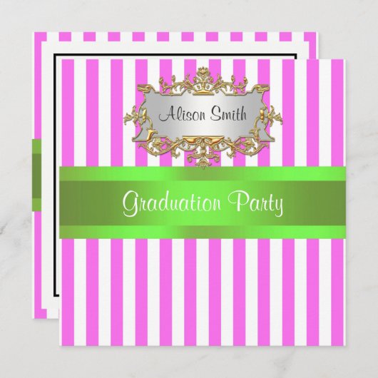 Faire-part de remise de diplôme ruban rayé blanc r (Devant / Derrière)