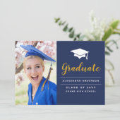 Faire-part de remise des diplômes photo bleu marin (Debout devant)