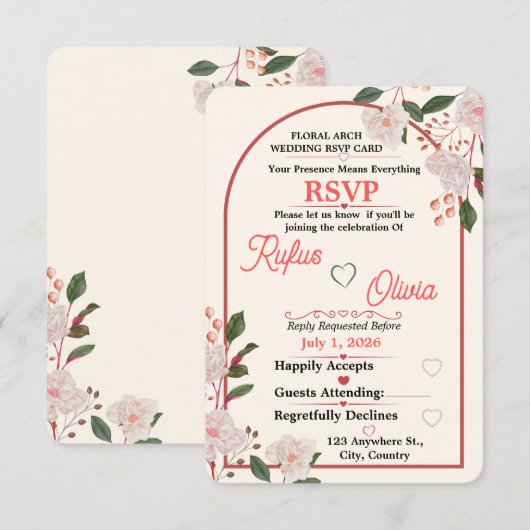 Faire-part de réponse de mariage à l'arche florale (Devant / Derrière)