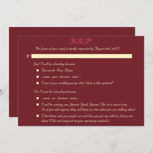 Faire-part de réponse de mariage personnalisé élég (Devant / Derrière)