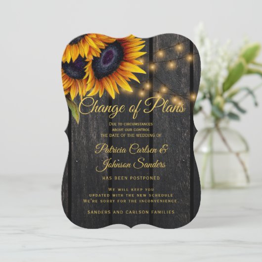 Faire-part de report de mariage au tournesol rusti (Debout devant)