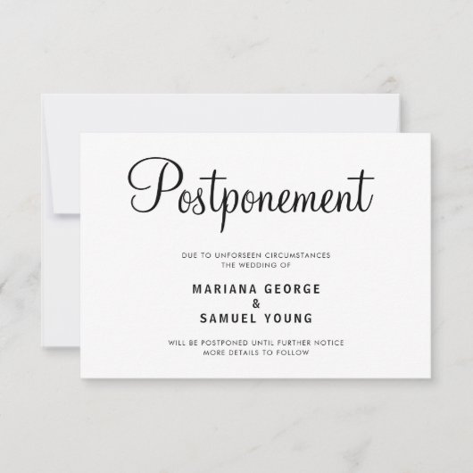 Faire-part de report du Mariage de script simple (Devant)