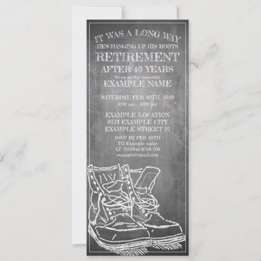 Faire-part de retraite avec de vieilles bottes V3. (Devant)