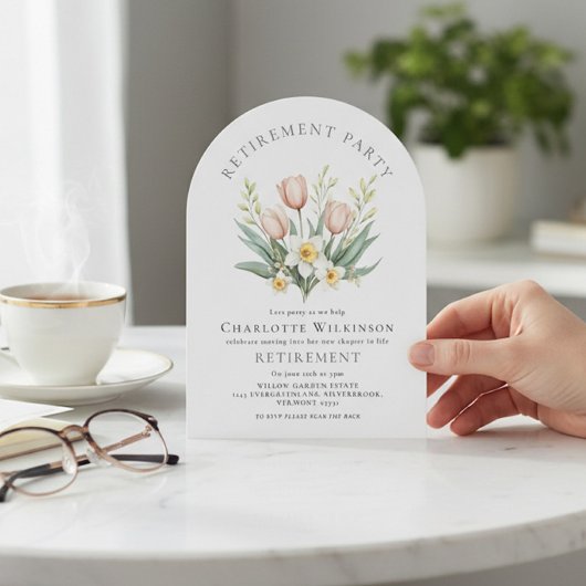Faire-part de retraite en forme d'arche de tulipes