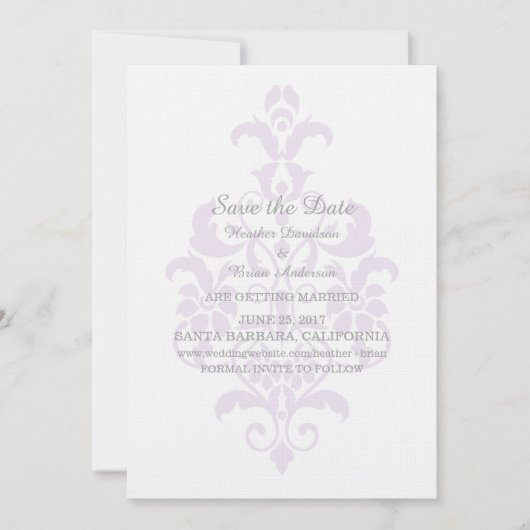 Faire-part de Save the Date Subtil Damassé Violet (Devant)