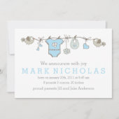 Faire-part de vêtements de bébé élégant bleu (Devant)