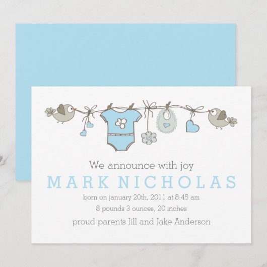 Faire-part de vêtements de bébé élégant bleu (Devant / Derrière)