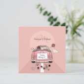 Faire-part de voiture de fuite rose de mariée et d (Debout devant)