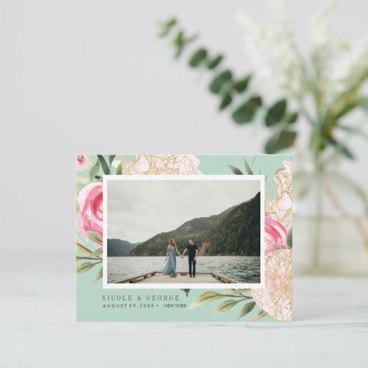 Faire-part Délicat Peony or fleurs photo enregistrer la date (Debout devant)