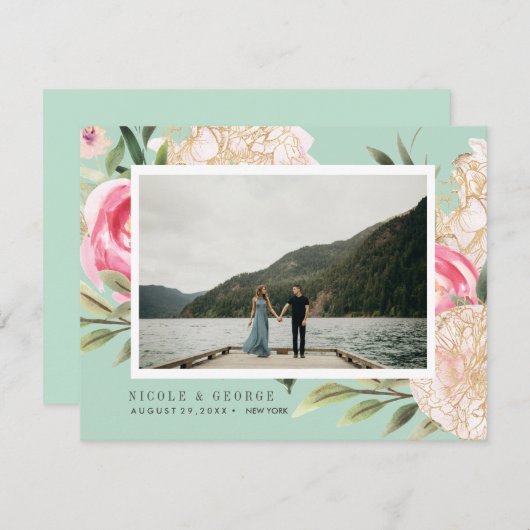 Faire-part Délicat Peony or fleurs photo enregistrer la date (Devant / Derrière)