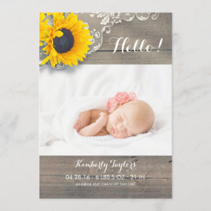 Faire-part Dentelle Rustique Tournesol Nouveau-né Photo Naiss