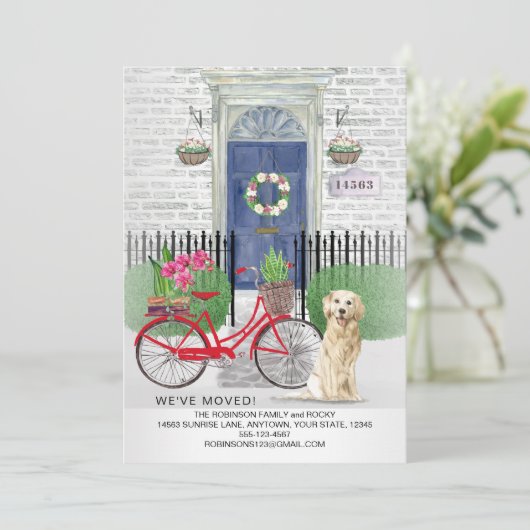 Faire-part Déplacer Golden Retriever Chien Bicycle Porte Bleu (Debout devant)