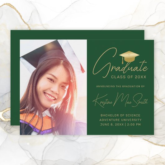 Faire-part Design Green Gold Script Photo College Graduation