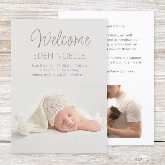 Faire-part Design moderne Elegant Gris Script Nouveau-né 2 Ph