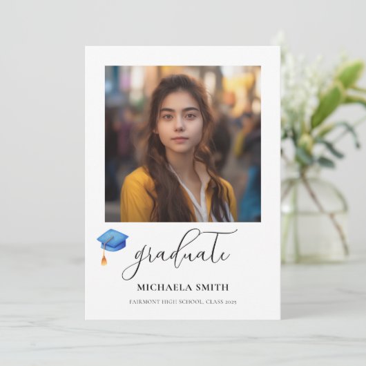 Faire-part Design moderne Script Diplômé Photo Bleu Graduatio (Debout devant)