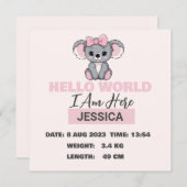 Faire-part Détails du bébé né Pink Koala (Devant / Derrière)