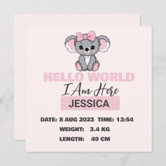Faire-part Détails du bébé né Pink Koala (Devant / Derrière)