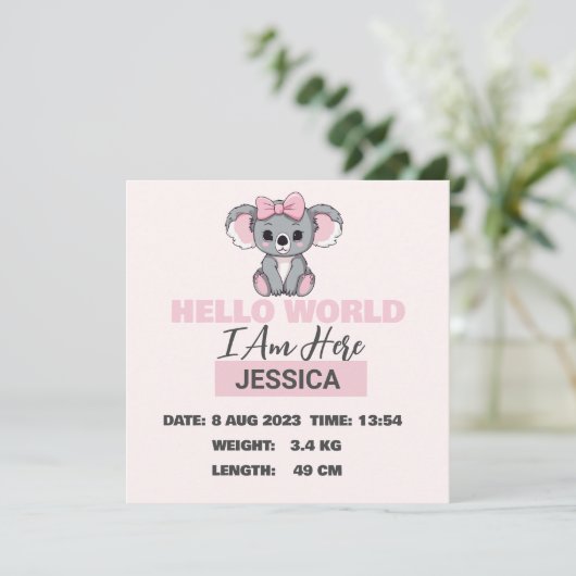 Faire-part Détails du bébé né Pink Koala (Debout devant)