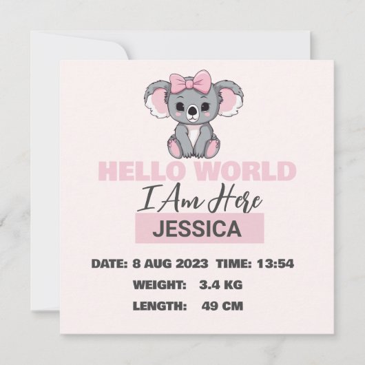 Faire-part Détails du bébé né Pink Koala (Devant)