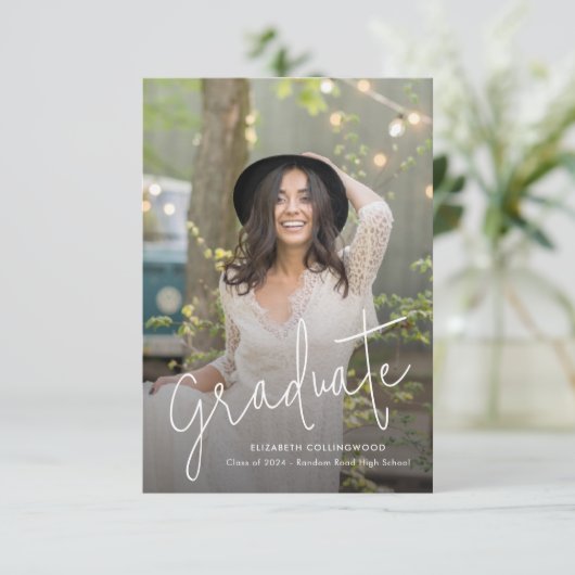 Faire-part d'études supérieures en script photo (Debout devant)