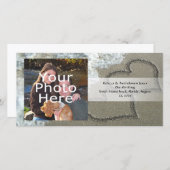 Faire-part Deux Coeurs de sable sur la plage, Océan romantiqu (Devant / Derrière)