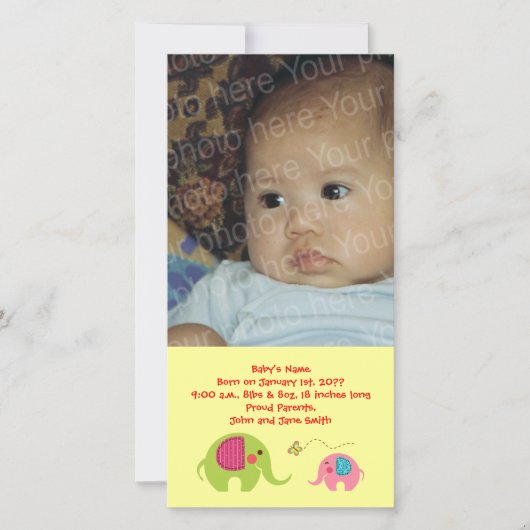 Faire-part Deux éléphants avec papillon (Devant)