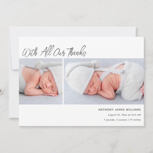 Faire-part Deux photos Merci de statistiques sur la naissance (Devant)