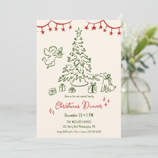 Faire-part Dîner de Noël familial Main dessinée rétro (Debout devant)