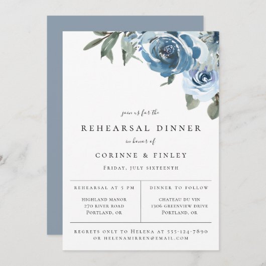 Faire-part Dîner de répétition bleu Dusty (Devant / Derrière)