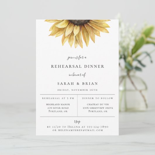 Faire-part Dîner de répétition de mariage au tournesol rustiq (Debout devant)