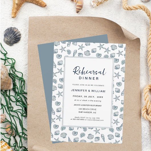 Faire-part Dîner de répétition du coquillage bleu et blanc