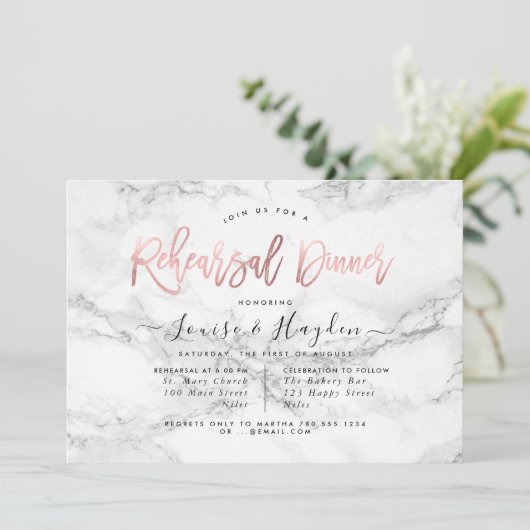 Faire-part Dîner de répétition élégant, Marble+Or Rose (Debout devant)