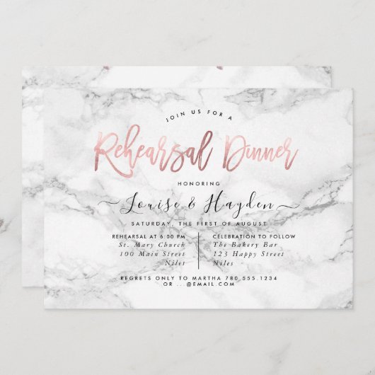 Faire-part Dîner de répétition élégant, Marble+Or Rose (Devant / Derrière)